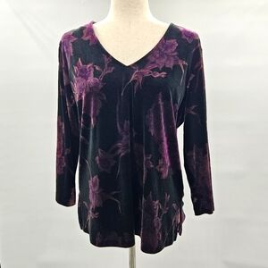 Impressions Velvet Vneck Top Purple &‎ Black Floral Size L…